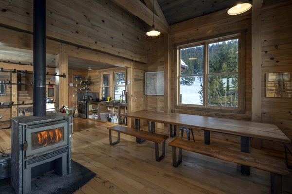 Summit Huts Sisters Cabin Inside Kitchen Fireplace