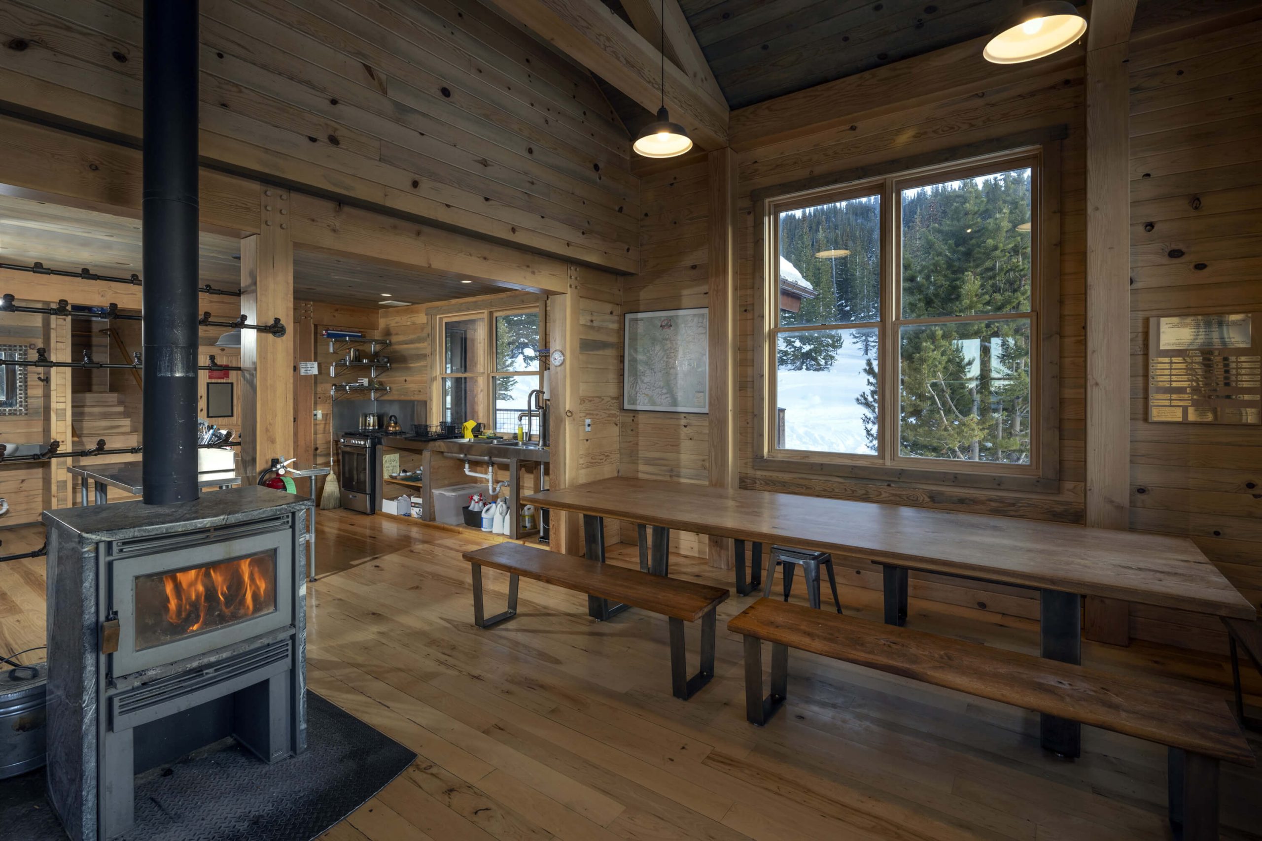 Sisters-Cabin-kitchen-fireplace Summit Huts Sisters Cabin Inside Kitchen Fireplace
